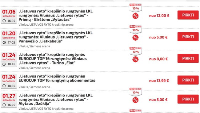 Bilietų kainos į „Lietuvos ryto“ mačus
